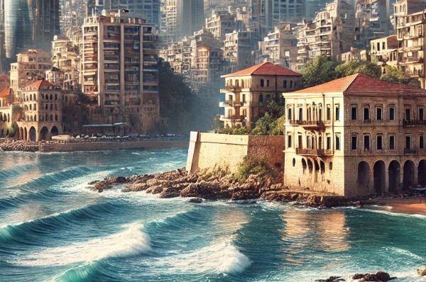 This stunningly realistic depiction of Beirut captures the city in a moment of serene beauty. The Mediterranean Sea dominates the foreground, its gentle waves lapping against the rocky shoreline, while the bright sunlight illuminates the water, creating a shimmering effect across its surface. The sea appears calm yet alive with the subtle movement of the waves, inviting the viewer into the coastal setting that has long defined Beirut.