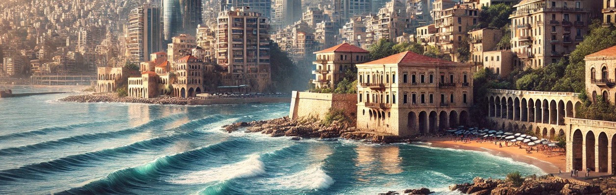 This stunningly realistic depiction of Beirut captures the city in a moment of serene beauty. The Mediterranean Sea dominates the foreground, its gentle waves lapping against the rocky shoreline, while the bright sunlight illuminates the water, creating a shimmering effect across its surface. The sea appears calm yet alive with the subtle movement of the waves, inviting the viewer into the coastal setting that has long defined Beirut.