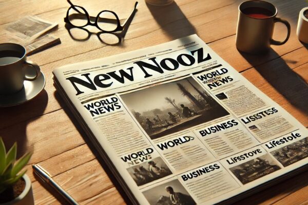 The newspaper titled "New NOOZ" rests casually on a wooden desk, exuding a modern, professional feel. The title "New NOOZ" is displayed prominently at the top in a bold, contemporary font, immediately drawing attention. The front page features large, clear headlines and engaging images, suggesting sections dedicated to world news, business, and lifestyle, providing a comprehensive news source.