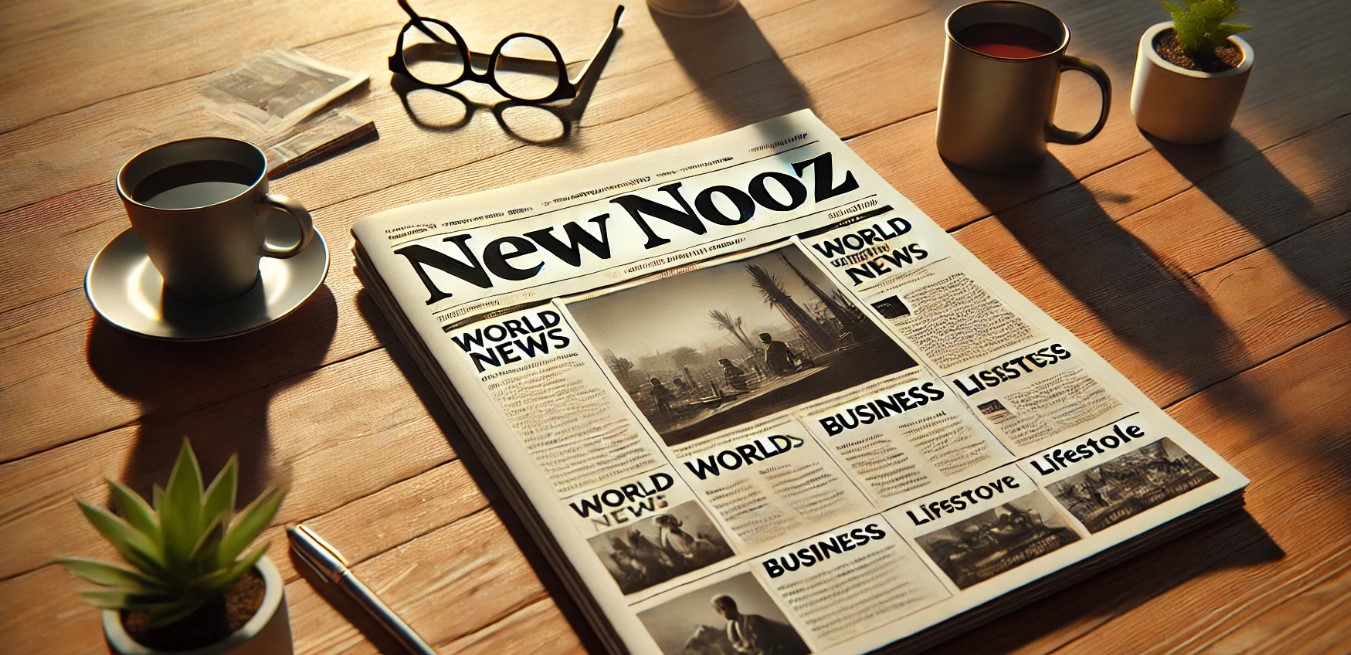 The newspaper titled "New NOOZ" rests casually on a wooden desk, exuding a modern, professional feel. The title "New NOOZ" is displayed prominently at the top in a bold, contemporary font, immediately drawing attention. The front page features large, clear headlines and engaging images, suggesting sections dedicated to world news, business, and lifestyle, providing a comprehensive news source.