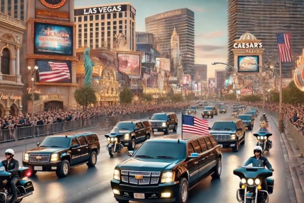 Presidential motorcade passing through the iconic streets of Las Vegas. The convoy of black SUVs and a heavily armored limousine, adorned with small American flags, stands out against the vibrant backdrop of the city's famous casinos and neon signs.