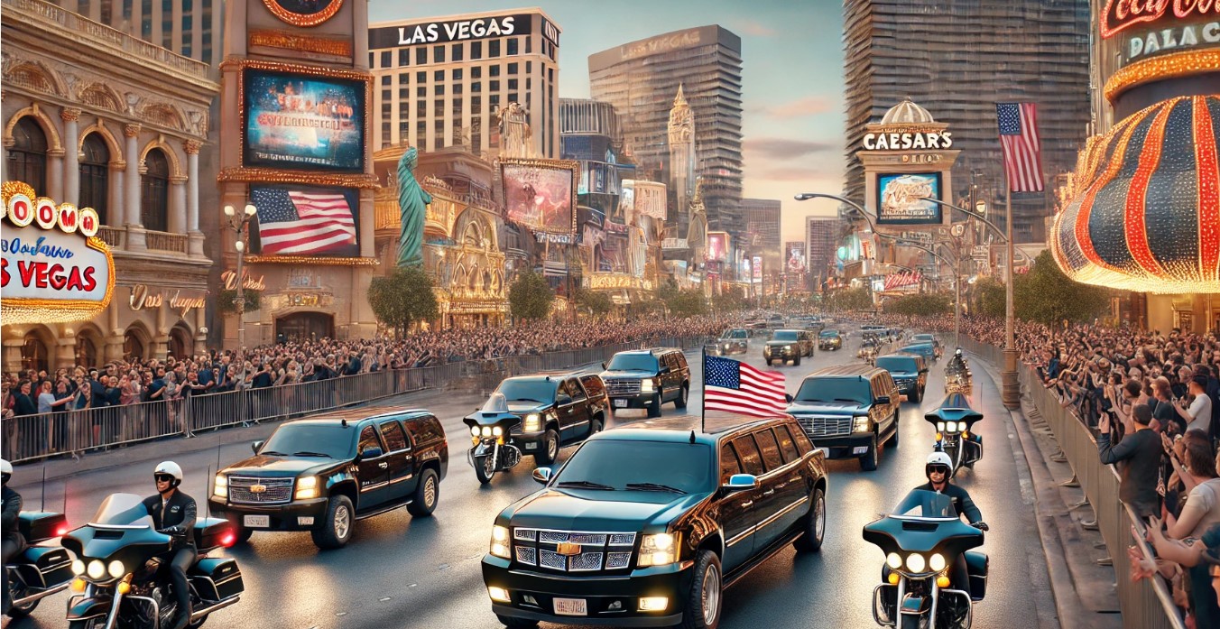 Presidential motorcade passing through the iconic streets of Las Vegas. The convoy of black SUVs and a heavily armored limousine, adorned with small American flags, stands out against the vibrant backdrop of the city's famous casinos and neon signs.