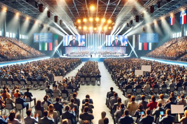 The convention hall is buzzing with excitement, packed with attendees seated in rows, all facing a brightly lit stage. The speaker at the podium commands the crowd's attention, while banners and signs throughout the hall add to the vibrant, energetic atmosphere.