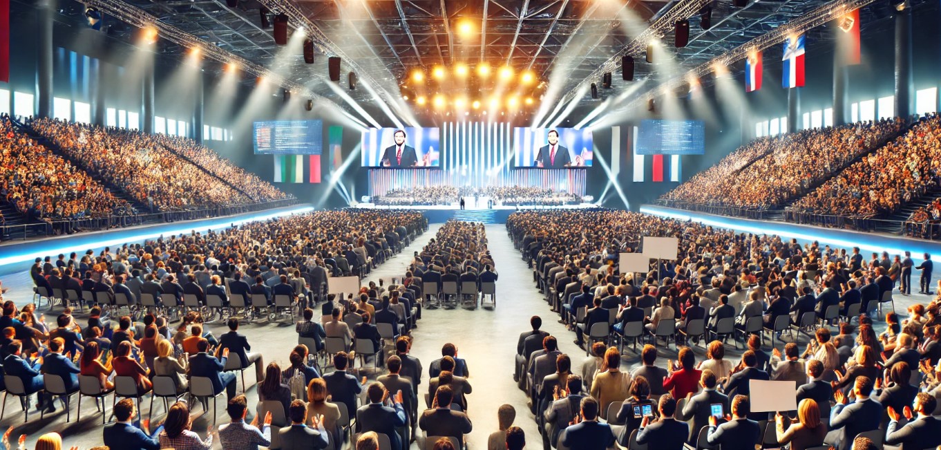 The convention hall is buzzing with excitement, packed with attendees seated in rows, all facing a brightly lit stage. The speaker at the podium commands the crowd's attention, while banners and signs throughout the hall add to the vibrant, energetic atmosphere.