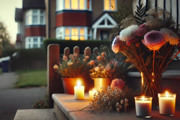 The image features a small memorial setup outside a home, with flowers gently placed near candles that softly flicker in the evening light. The warm, glowing candlelight casts a peaceful yet sorrowful atmosphere, highlighting the respect and mourning associated with the scene.