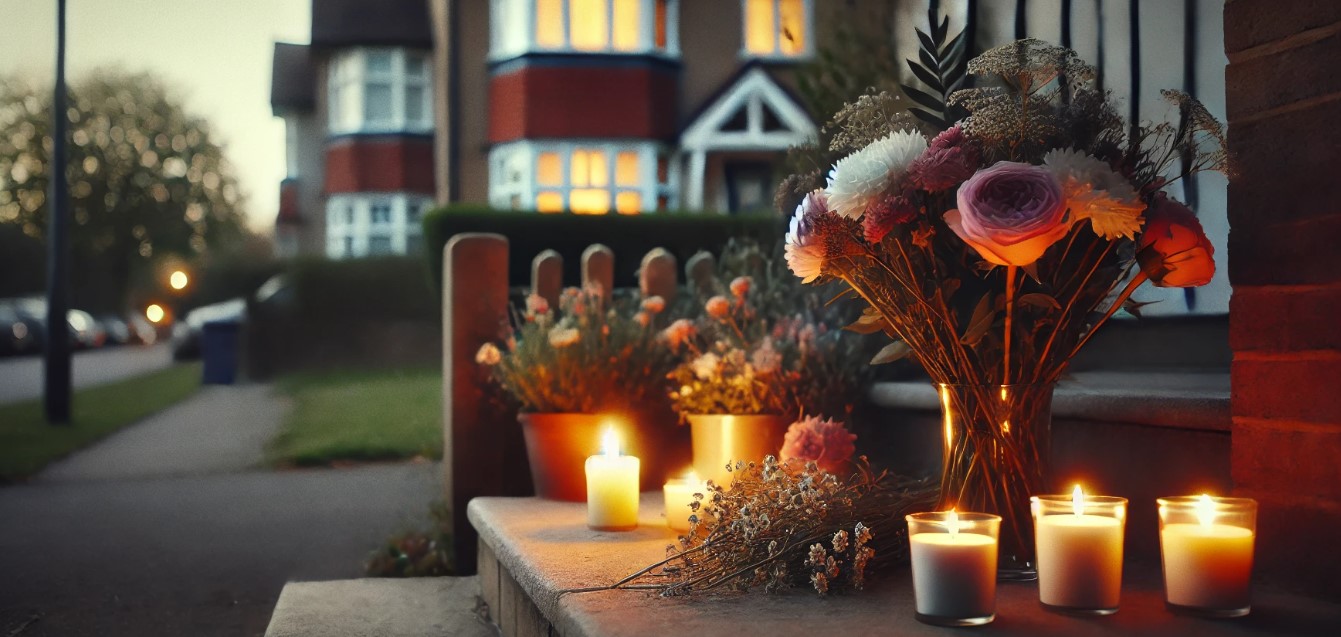 The image features a small memorial setup outside a home, with flowers gently placed near candles that softly flicker in the evening light. The warm, glowing candlelight casts a peaceful yet sorrowful atmosphere, highlighting the respect and mourning associated with the scene.