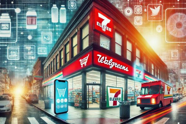 A wide-format image juxtaposes a Walgreens and a 7-Eleven storefront, overlaid with digital elements like smartphones, app icons, and e-commerce symbols. This visual represents the shift from traditional retail to digital and adaptive business models.