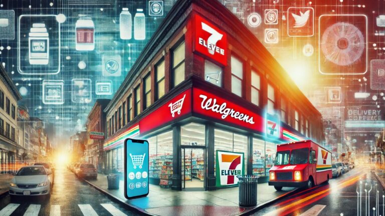 A wide-format image juxtaposes a Walgreens and a 7-Eleven storefront, overlaid with digital elements like smartphones, app icons, and e-commerce symbols. This visual represents the shift from traditional retail to digital and adaptive business models.