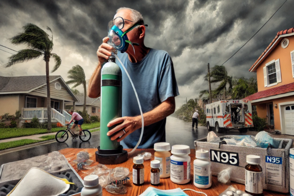 The image depicts a Florida neighborhood bracing for an incoming hurricane under ominous storm clouds. In the foreground, a person with an oxygen tank is seen securing their home, a reflection of the urgency for those with health conditions. On a nearby table, essential items such as N95 masks, medications, and emergency supplies are laid out, underscoring the importance of preparation.