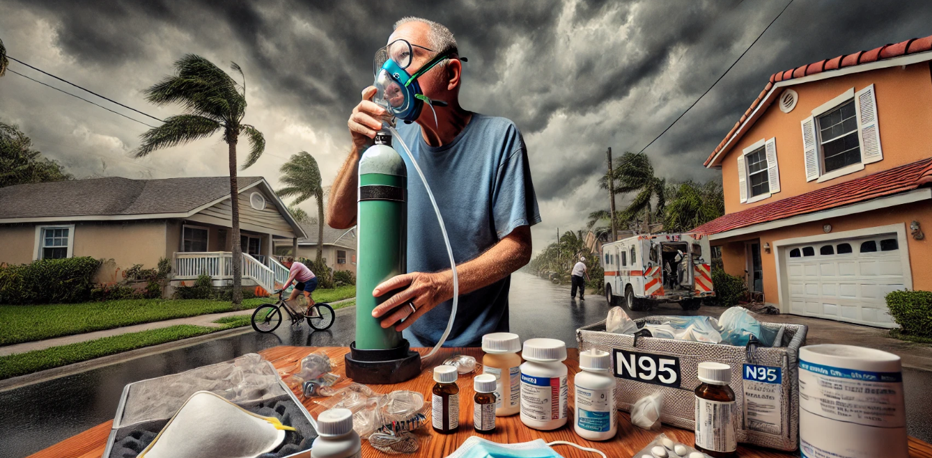 The image depicts a Florida neighborhood bracing for an incoming hurricane under ominous storm clouds. In the foreground, a person with an oxygen tank is seen securing their home, a reflection of the urgency for those with health conditions. On a nearby table, essential items such as N95 masks, medications, and emergency supplies are laid out, underscoring the importance of preparation.