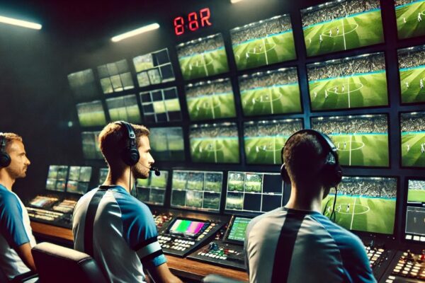 men sit in a dimly lit control booth, managing the Video Assistant Referee (VAR) system. They focus on multiple screens displaying soccer footage from various angles. Wearing headsets, they assist the on-field referee by reviewing key moments.