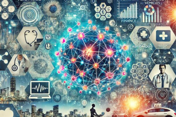 A wide-format image of an artificial neural network with glowing, interconnected nodes, overlaid on sectors like healthcare (medical icons), finance (stock charts), and technology (autonomous vehicles and drones), representing AI's broad impact across industries.