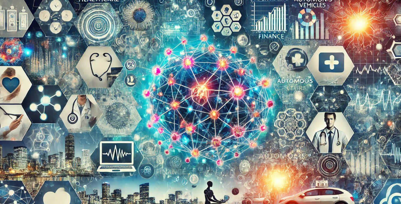 A wide-format image of an artificial neural network with glowing, interconnected nodes, overlaid on sectors like healthcare (medical icons), finance (stock charts), and technology (autonomous vehicles and drones), representing AI's broad impact across industries.