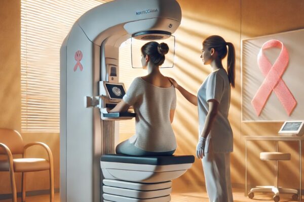 A woman receives a mammogram in a healthcare setting with soft lighting that emphasizes care and compassion. A healthcare worker provides reassurance, and a subtle pink breast cancer ribbon in the background symbolizes awareness and the importance of routine screenings.