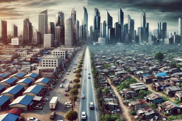 The image effectively captures the stark economic contrast between a wealthy, developed area and a neglected, poorer neighborhood. On the left, modern skyscrapers, luxury cars, and clean streets symbolize prosperity and development, while on the right, dilapidated buildings, overgrown lots, and a sparse population reflect economic disparity.