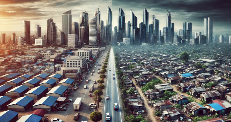 The image effectively captures the stark economic contrast between a wealthy, developed area and a neglected, poorer neighborhood. On the left, modern skyscrapers, luxury cars, and clean streets symbolize prosperity and development, while on the right, dilapidated buildings, overgrown lots, and a sparse population reflect economic disparity.