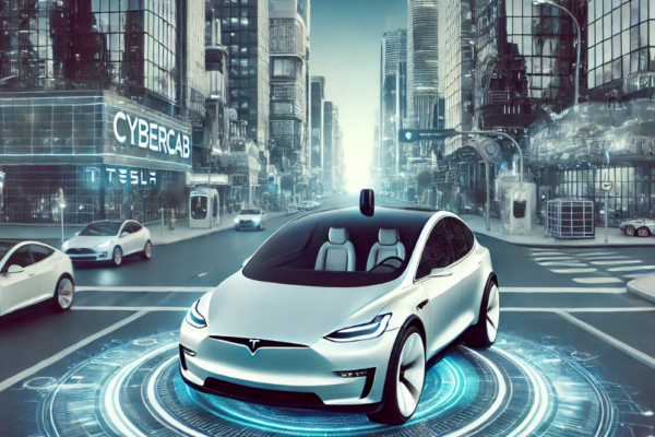 This wide-format image beautifully showcases the Cybercab, a sleek and modern autonomous vehicle, navigating through a futuristic city. The car, with no steering wheel or pedals, embodies the vision of fully autonomous transportation. Surrounding the Cybercab are other self-driving vehicles, smart traffic systems, and advanced, robotic infrastructure, all set against a backdrop of futuristic buildings.