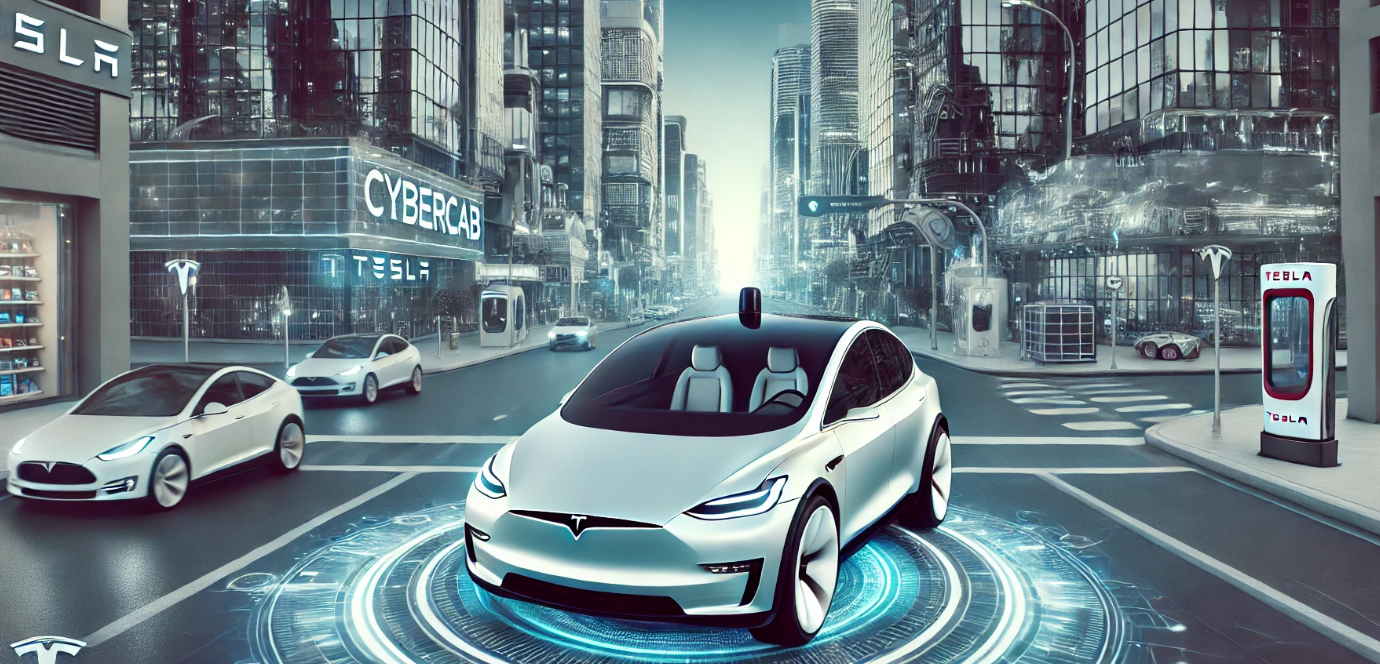 This wide-format image beautifully showcases the Cybercab, a sleek and modern autonomous vehicle, navigating through a futuristic city. The car, with no steering wheel or pedals, embodies the vision of fully autonomous transportation. Surrounding the Cybercab are other self-driving vehicles, smart traffic systems, and advanced, robotic infrastructure, all set against a backdrop of futuristic buildings.