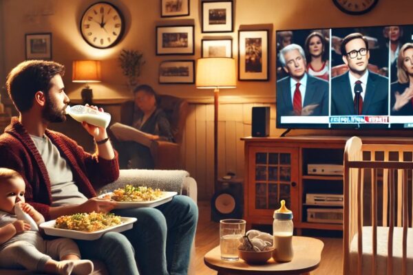 A husband sit on a couch eating dinner while watching a political debate on TV. A child is nearby in a crib holding a bottle. The room is warmly lit with family pictures and a coffee table.