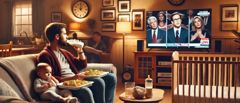 A husband sit on a couch eating dinner while watching a political debate on TV. A child is nearby in a crib holding a bottle. The room is warmly lit with family pictures and a coffee table.