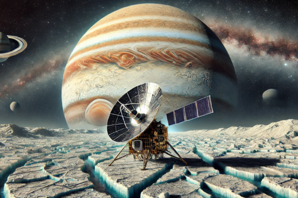 This striking image presents Jupiter’s icy moon Europa, with the Europa Clipper spacecraft soaring overhead. The cracked, frozen surface of Europa is vividly portrayed, while Jupiter looms large in the background, showcasing its colorful gas bands and the iconic Great Red Spot. The Europa Clipper spacecraft is detailed, highlighting its large solar panels and radar system, specifically designed to explore Europa's hidden subsurface ocean.