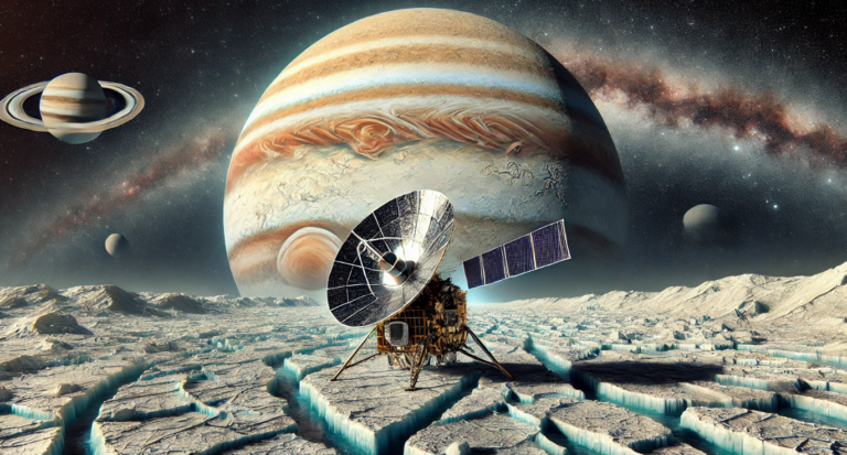 This striking image presents Jupiter’s icy moon Europa, with the Europa Clipper spacecraft soaring overhead. The cracked, frozen surface of Europa is vividly portrayed, while Jupiter looms large in the background, showcasing its colorful gas bands and the iconic Great Red Spot. The Europa Clipper spacecraft is detailed, highlighting its large solar panels and radar system, specifically designed to explore Europa's hidden subsurface ocean.