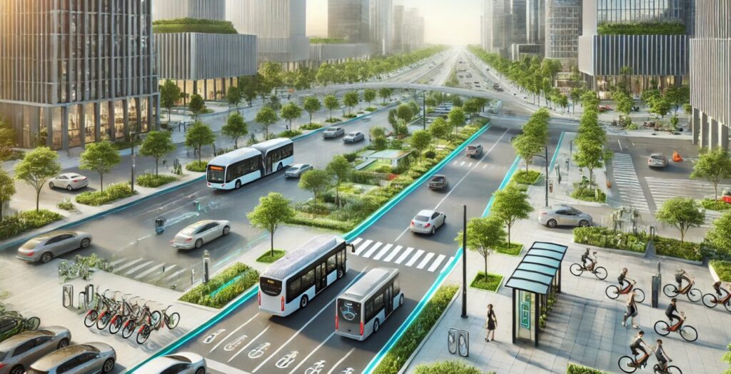 A modern cityscape with electric vehicles, autonomous buses, and bike-sharing stations. Clean roads feature EV charging stations, while green spaces with trees emphasize sustainability. The futuristic architecture complements the theme of a tech-driven, eco-friendly urban future.