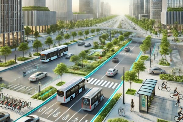 A modern cityscape with electric vehicles, autonomous buses, and bike-sharing stations. Clean roads feature EV charging stations, while green spaces with trees emphasize sustainability. The futuristic architecture complements the theme of a tech-driven, eco-friendly urban future.