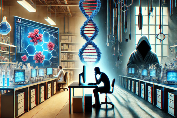 The image effectively captures the dual nature of AI. On the left, a brightly lit lab shows scientists engaged in groundbreaking work on AI-driven healthcare solutions, such as protein modeling, with advanced technology and molecular structures displayed on computer screens. The atmosphere is one of innovation and progress.