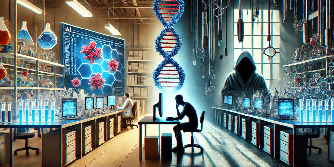 The image effectively captures the dual nature of AI. On the left, a brightly lit lab shows scientists engaged in groundbreaking work on AI-driven healthcare solutions, such as protein modeling, with advanced technology and molecular structures displayed on computer screens. The atmosphere is one of innovation and progress.