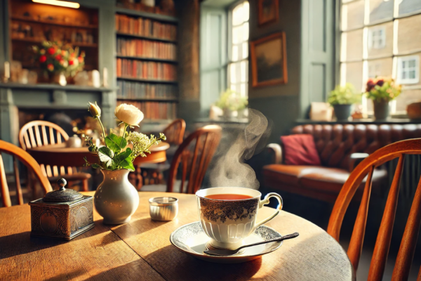 The image portrays a serene moment inside a charming English café, where a hot cup of tea rests invitingly on a wooden table. The ambiance is warm and rustic, with soft, natural light filtering through a large window, casting a gentle glow over the scene. The tea is served in an elegant porcelain cup, sitting on a matching saucer, with a small silver spoon neatly placed beside it. The wooden table is simple yet well-crafted, its grain adding a rustic texture to the setting.