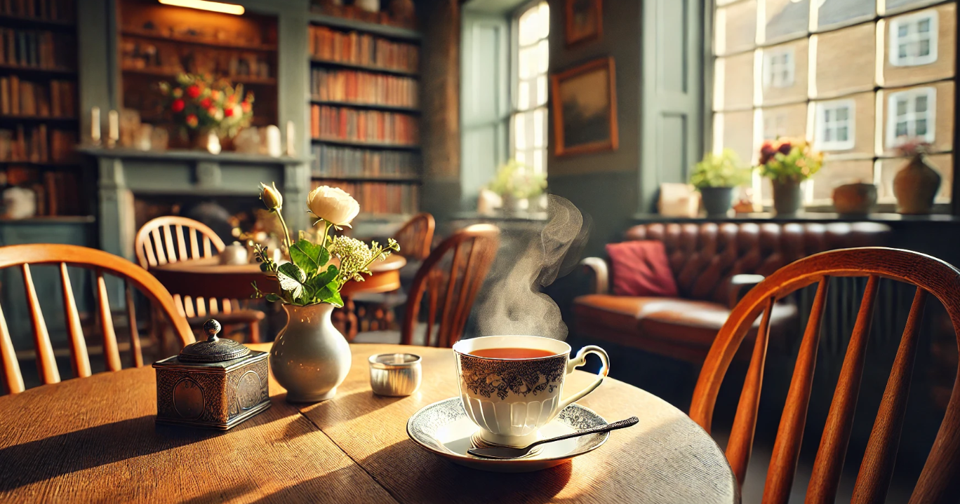 The image portrays a serene moment inside a charming English café, where a hot cup of tea rests invitingly on a wooden table. The ambiance is warm and rustic, with soft, natural light filtering through a large window, casting a gentle glow over the scene. The tea is served in an elegant porcelain cup, sitting on a matching saucer, with a small silver spoon neatly placed beside it. The wooden table is simple yet well-crafted, its grain adding a rustic texture to the setting.