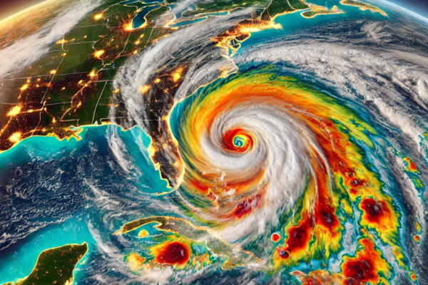 This image powerfully portrays Hurricane Milton swirling over the Gulf of Mexico, with its massive cloud system dominating the scene. The warm ocean temperatures beneath the storm are vividly color-coded in red and yellow, highlighting the hot waters fueling the hurricane’s strength. Florida’s west coast is prominently shown, with storm surge warnings and evacuation routes marked clearly on the map, emphasizing the urgency of the situation.