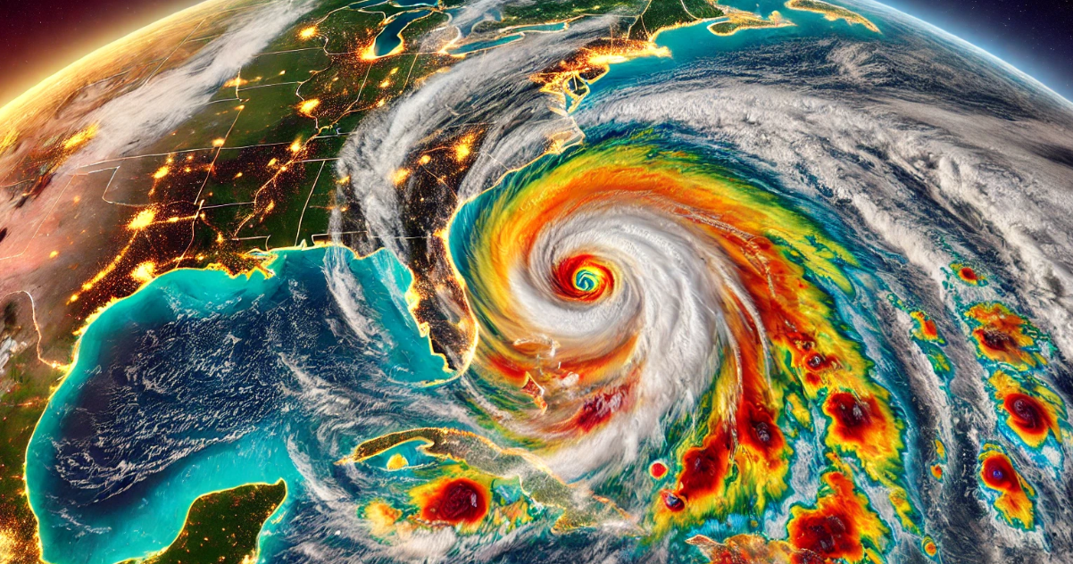 This image powerfully portrays Hurricane Milton swirling over the Gulf of Mexico, with its massive cloud system dominating the scene. The warm ocean temperatures beneath the storm are vividly color-coded in red and yellow, highlighting the hot waters fueling the hurricane’s strength. Florida’s west coast is prominently shown, with storm surge warnings and evacuation routes marked clearly on the map, emphasizing the urgency of the situation.