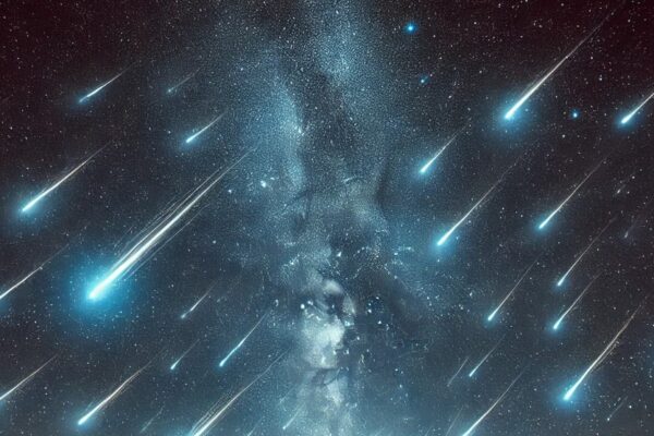 A wide-format image of a meteor shower in a starry night sky, with bright meteors streaking across a landscape of open fields and hills bathed in soft moonlight. The sky is deep blue and purple, creating a peaceful yet awe-inspiring scene.