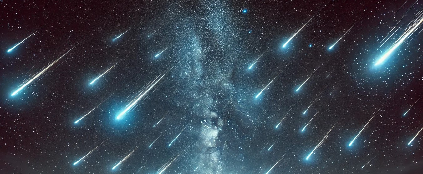 A wide-format image of a meteor shower in a starry night sky, with bright meteors streaking across a landscape of open fields and hills bathed in soft moonlight. The sky is deep blue and purple, creating a peaceful yet awe-inspiring scene.