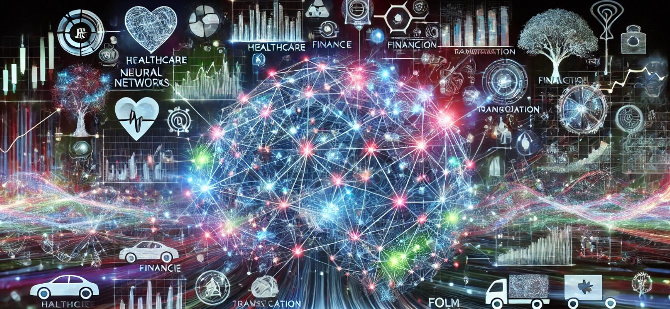 A wide-format image of a neural network shown as glowing nodes and lines, with industries like healthcare, finance, transportation, and entertainment subtly depicted in the background using symbolic imagery. Bright blues, greens, and purples emphasize technology and innovation.