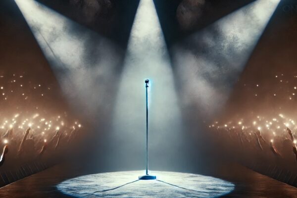 A wide-format image of a dimly lit stage with a spotlight on an empty microphone stand, symbolizing Payne’s absence. Fans holding candles and One Direction memorabilia are subtly faded in the background, reflecting a heartfelt tribute from the community.