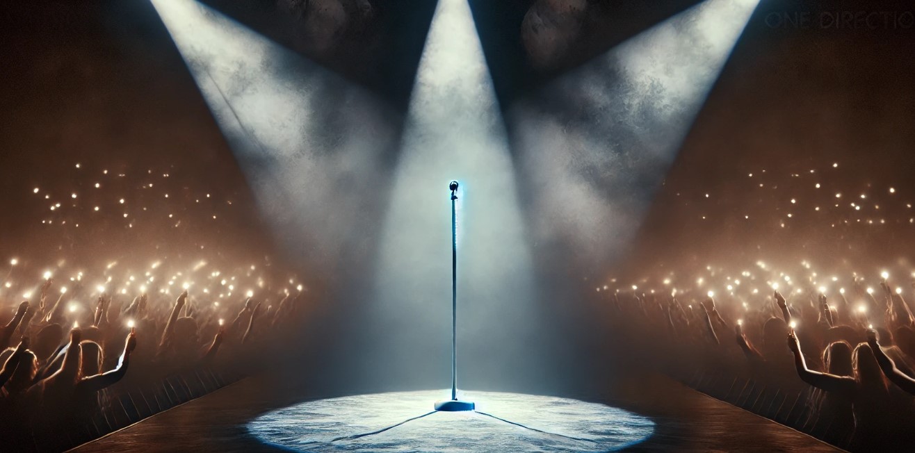 A wide-format image of a dimly lit stage with a spotlight on an empty microphone stand, symbolizing Payne’s absence. Fans holding candles and One Direction memorabilia are subtly faded in the background, reflecting a heartfelt tribute from the community.