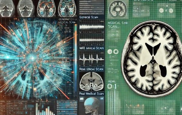 A wide-format image shows a synthetic AI-generated medical scan on the left, overlaid with digital code, and a traditional, real medical scan on the right. The image contrasts AI innovation in healthcare with the reliability of traditional diagnostic tools.