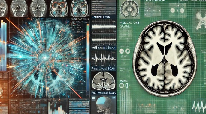 A wide-format image shows a synthetic AI-generated medical scan on the left, overlaid with digital code, and a traditional, real medical scan on the right. The image contrasts AI innovation in healthcare with the reliability of traditional diagnostic tools.