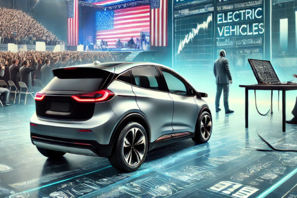 This image effectively captures the balance between technology and politics. A sleek electric vehicle is positioned in front of a split backdrop, with a political rally on one side featuring a crowd holding signs and flags, and a tech conference on the other side, displaying advanced visuals and futuristic screens.