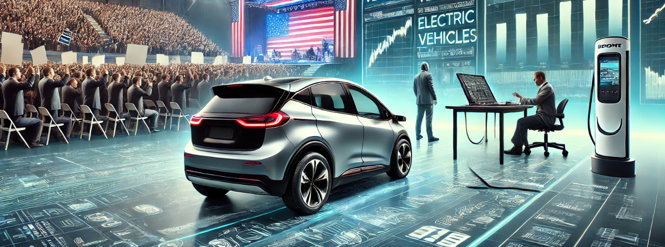 This image effectively captures the balance between technology and politics. A sleek electric vehicle is positioned in front of a split backdrop, with a political rally on one side featuring a crowd holding signs and flags, and a tech conference on the other side, displaying advanced visuals and futuristic screens.