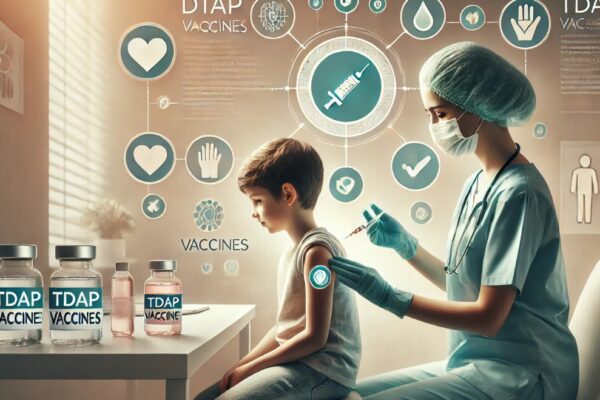 A healthcare worker administers a vaccine to a calm child. In the background, an infographic highlights the importance of DTaP and Tdap vaccines, with icons of handwashing and hygiene practices symbolizing preventive measures. The theme emphasizes community health and protection.