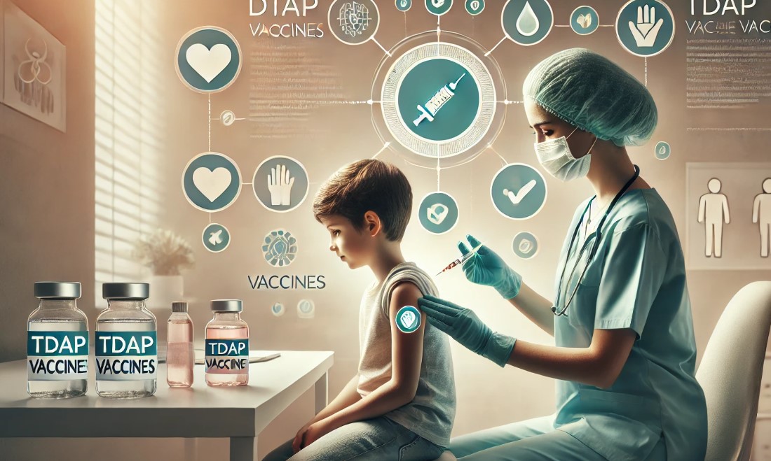 A healthcare worker administers a vaccine to a calm child. In the background, an infographic highlights the importance of DTaP and Tdap vaccines, with icons of handwashing and hygiene practices symbolizing preventive measures. The theme emphasizes community health and protection.