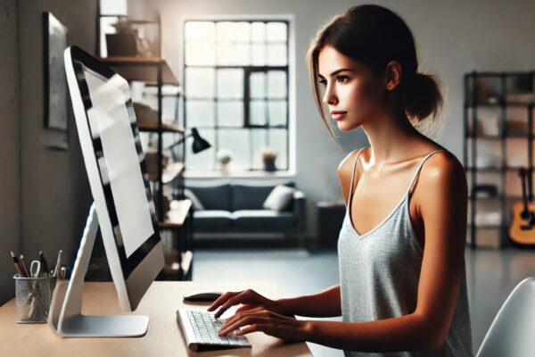 This image captures the serene focus of a woman sitting at a computer in a clean, minimalist workspace. Dressed in a casual tank top with her hair tied back, she is engrossed in her work, her face softly illuminated by the gentle glow of the computer screen. Her posture and expression convey a sense of concentration, with her hands resting on the keyboard, actively typing or navigating through tasks. The room around her is simple yet functional, reflecting a modern aesthetic. A desk with a few essential items—a notebook, a coffee cup—adds to the atmosphere of quiet productivity. Behind her, shelves lined with a few books and a plant provide subtle decoration, enhancing the natural and peaceful vibe of the space. The neat arrangement of these objects, along with the absence of clutter, suggests that this is a place designed for efficient work and focus. Natural light filters into the room through a nearby window, softly blending with the light from the computer screen, creating a harmonious balance between the two. The overall color palette is neutral and calming, reinforcing the tranquil and productive environment in which the woman works. The image conveys a strong sense of modern work-life balance, where simplicity and focus go hand in hand.