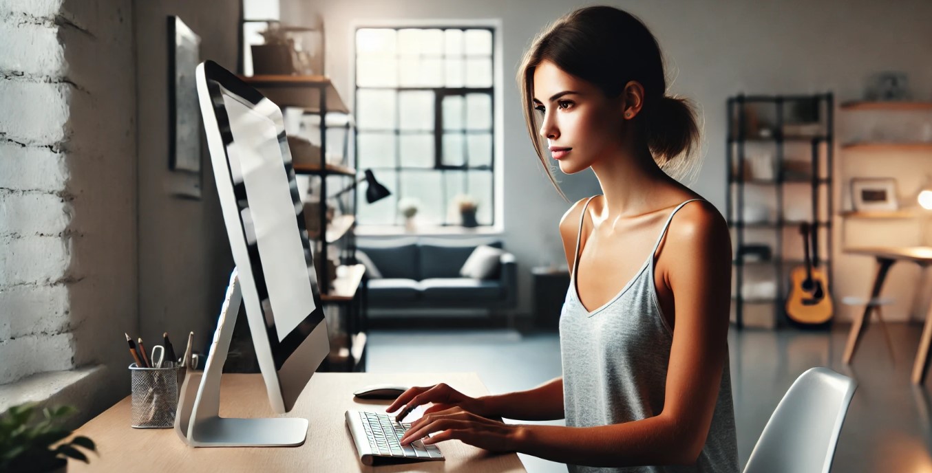 This image captures the serene focus of a woman sitting at a computer in a clean, minimalist workspace. Dressed in a casual tank top with her hair tied back, she is engrossed in her work, her face softly illuminated by the gentle glow of the computer screen. Her posture and expression convey a sense of concentration, with her hands resting on the keyboard, actively typing or navigating through tasks. The room around her is simple yet functional, reflecting a modern aesthetic. A desk with a few essential items—a notebook, a coffee cup—adds to the atmosphere of quiet productivity. Behind her, shelves lined with a few books and a plant provide subtle decoration, enhancing the natural and peaceful vibe of the space. The neat arrangement of these objects, along with the absence of clutter, suggests that this is a place designed for efficient work and focus. Natural light filters into the room through a nearby window, softly blending with the light from the computer screen, creating a harmonious balance between the two. The overall color palette is neutral and calming, reinforcing the tranquil and productive environment in which the woman works. The image conveys a strong sense of modern work-life balance, where simplicity and focus go hand in hand.