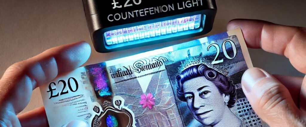 Here is the close-up image of hands inspecting a £20 note under a counterfeit detection light, with focused lighting that brings out the note's security features