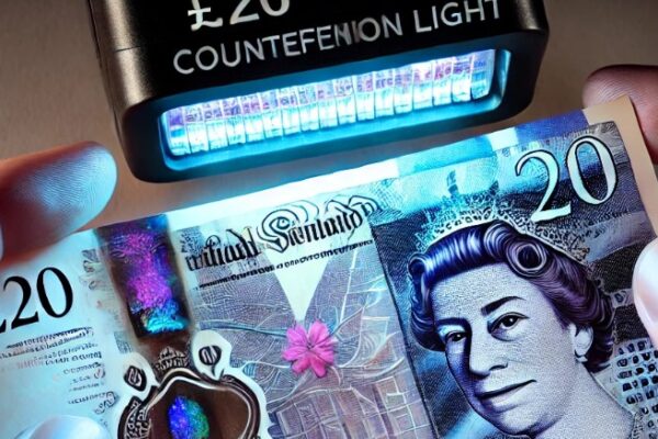 Here is the close-up image of hands inspecting a £20 note under a counterfeit detection light, with focused lighting that brings out the note's security features