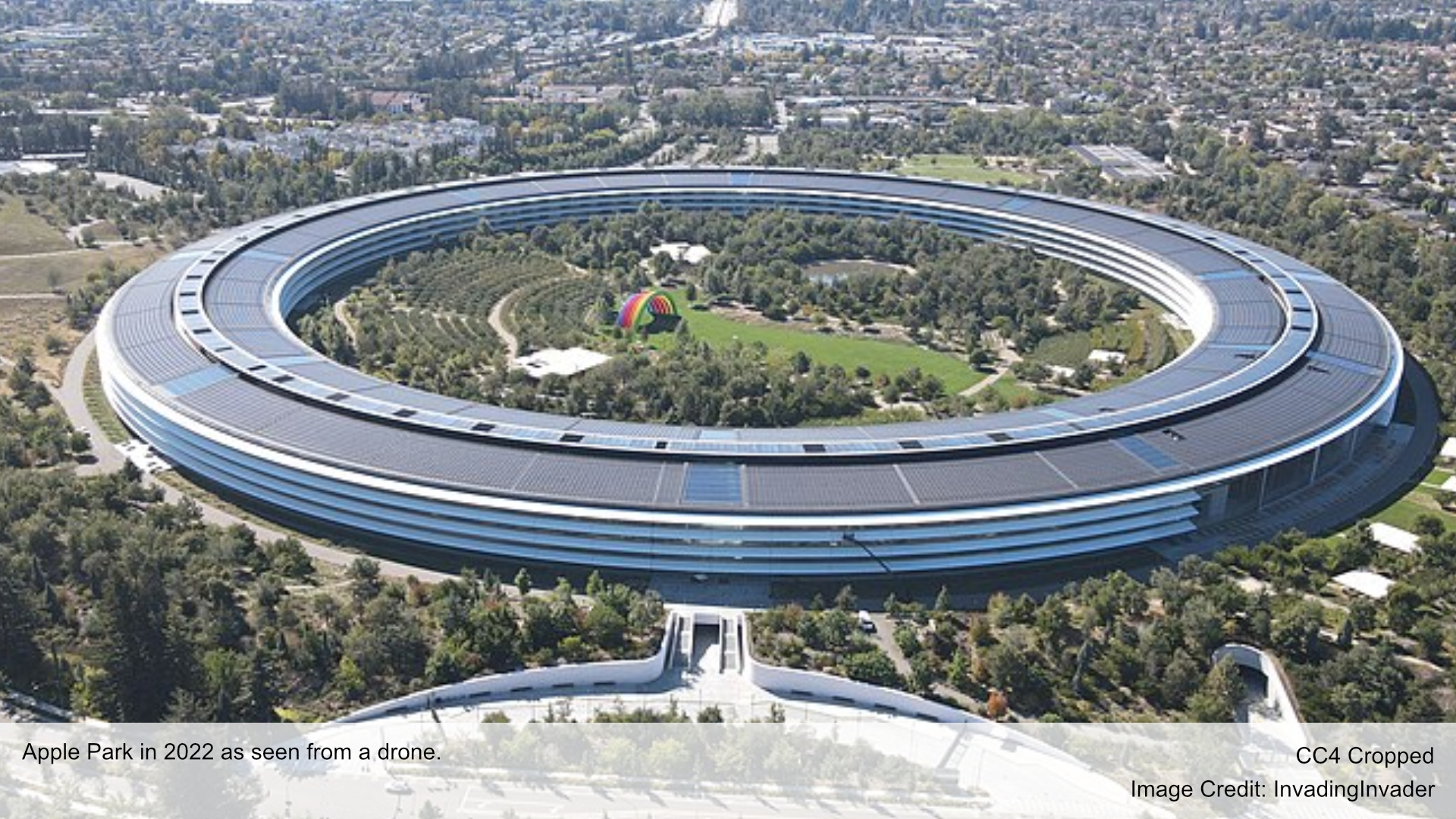 Apple Park in 2022 as seen from a drone.